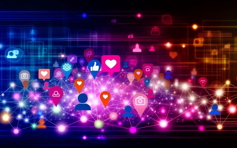 Modernes Social-Media-Netzwerk bestehend aus bunten Icons und leuchtenden Verbindungen auf digitalem Hintergrund mit Datenströmen.