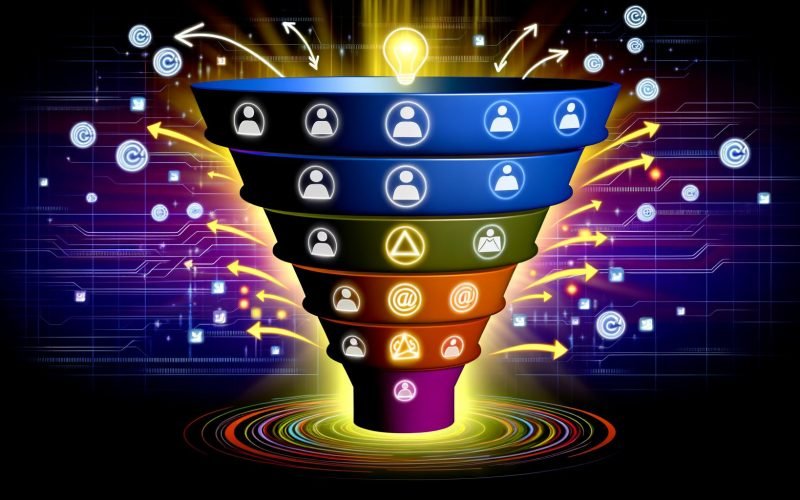 Modernes, abstraktes Funnel-Visual mit leuchtenden Schichten, Social-Media-Icons und dynamischen Datenlinien auf digitalem Hintergrund.