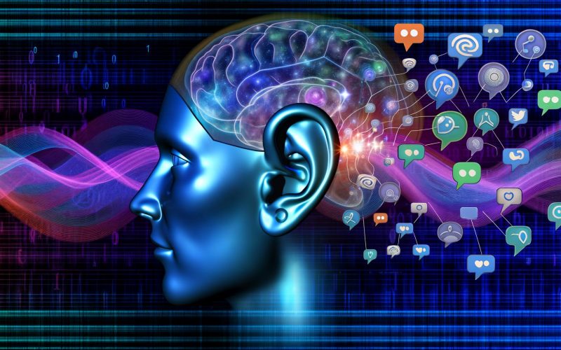 Halbtransparenter menschlicher Kopf mit verstärktem Ohr als Stethoskop lauscht einem digitalen, vernetzten Social-Media- und Datenstrom.