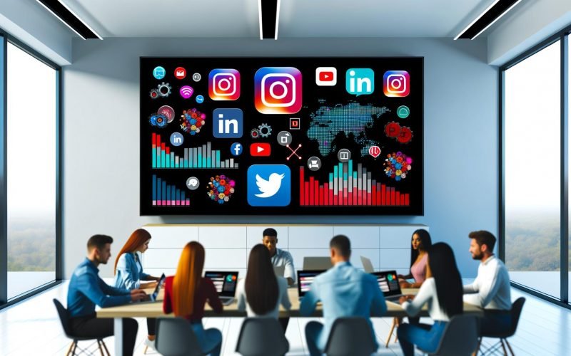 Marketing-Team arbeitet konzentriert in einem modernen Büro an einem großen Social Media Dashboard mit Statistiken und Icons der wichtigsten Plattformen.