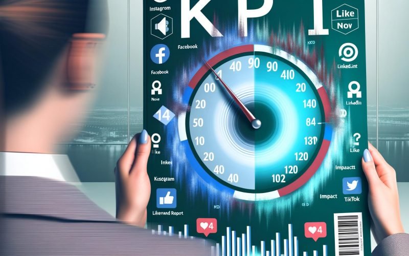 Klares, modernes Titelbild mit großem KPI-Tachometer in der Mitte, gestaltet mit Social-Media-Icons, im Hintergrund verblassen Like-Symbole, Diagramm-Balken und Notizzettel; eine urban gekleidete Person im Business-Look blickt auf das Tachometer und hält einen digitalen Report.