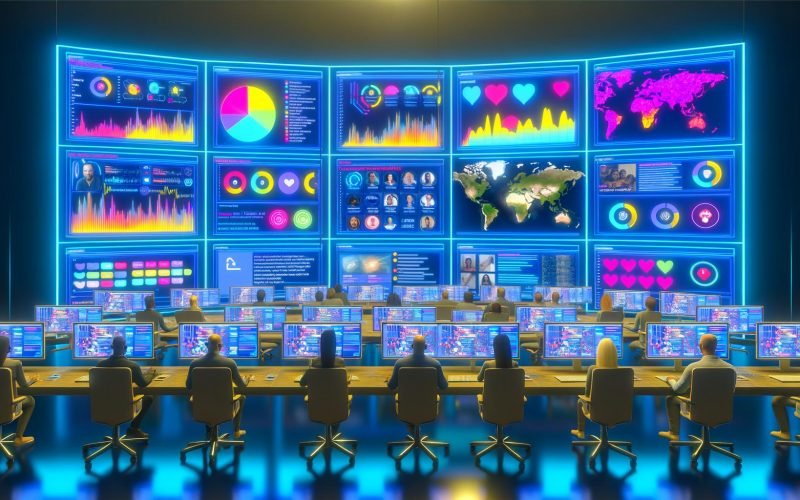 Modernes High-Tech-Command Center mit mehreren großen Bildschirmen, die Social-Media-Feeds, Datenvisualisierungen und Stimmungsdiagramme zeigen, während diverse Analysten Echtzeit-Trends überwachen.