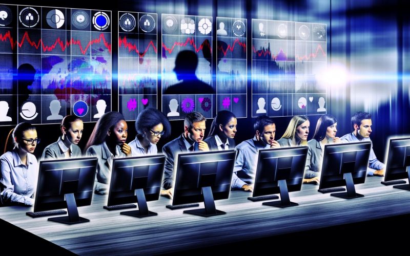 Menschen arbeiten fokussiert in einer digitalen Social-Media-Kommandozentrale mit Datenvisualisierungen und Plattform-Logos auf großen Bildschirmen