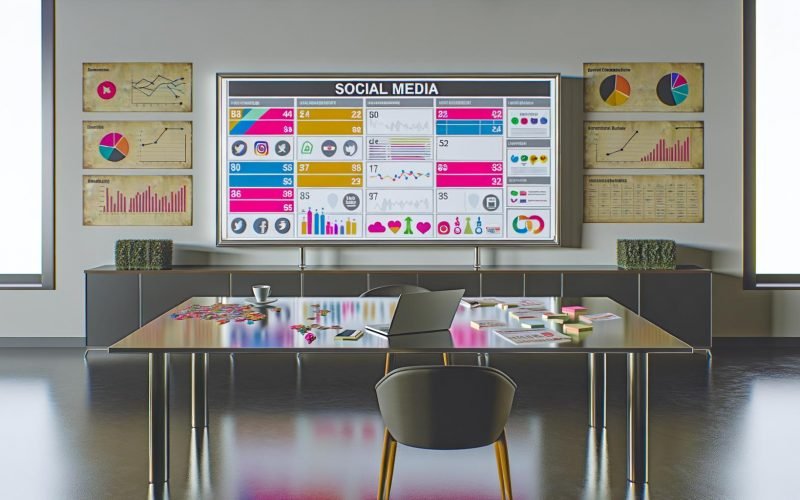 Moderner Arbeitsplatz mit großem Digitalscreen und Social-Media-Planungsdashboard, Content-Kalender, KPI-Diagrammen und Social-Media-Icons auf einem eleganten Schreibtisch.