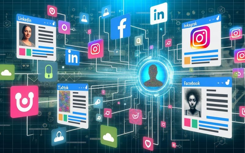 Illustration einer zentralen Social-Media-Profilzentrale, umgeben von Interface-Ausschnitten verschiedener Plattformen sowie digitalen Datenströmen und Netzwerk-Icons.