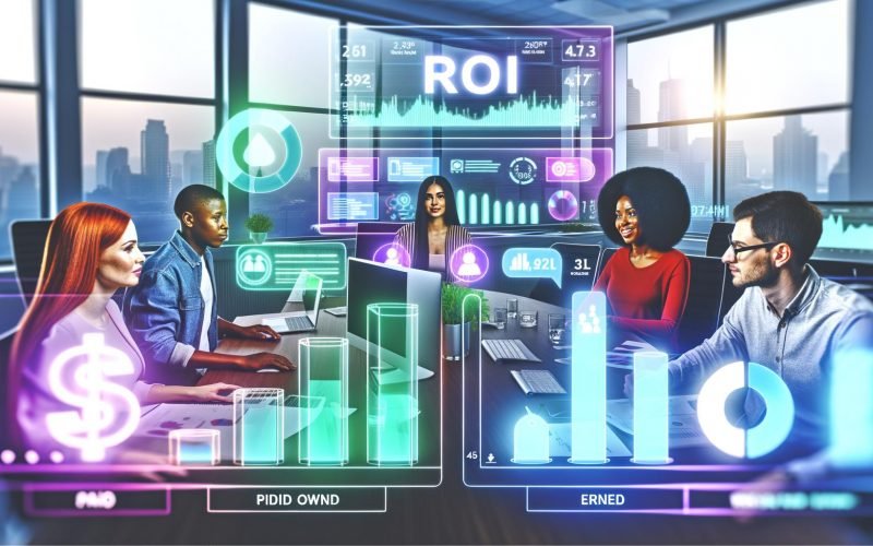 Team analysiert Social Media KPIs und ROI im modernen Büro, mit Diagrammen, Dashboards und digitalen Medien-Icons.