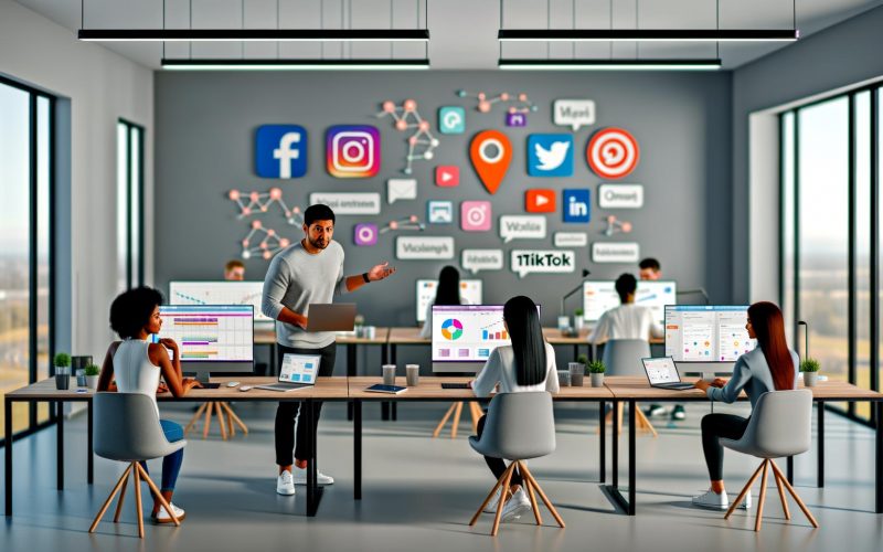 Kreatives Marketing-Team arbeitet in modernem Büro an Laptops, Social Media Dashboards und Analyse-Grafiken sichtbar, Social Media Logos dezent integriert.
