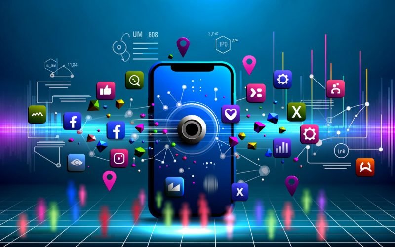 Abstrakte Infografik mit Smartphone, Social Media App-Icons, Tracking- und Analyse-Elementen sowie angedeuteten Nutzer-Silhouetten, digital gestaltet in Blautönen.