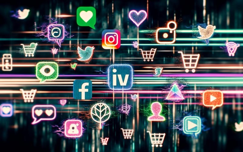 Dynamische Collage aus Social-Media-Icons, die sich zu trendigen Content-Formaten und Begriffen wie KI, Engagement und Purpose auf dunklem Hintergrund verbinden.