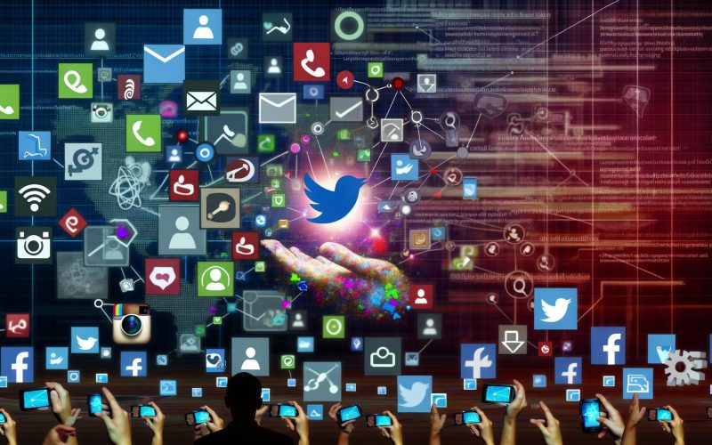 Dynamische Collage mit schwebenden Social-Media-Icons, Händen, Smartphones und einem leuchtenden Share-Button, umgeben von Content-Elementen und technischen Symbolen.