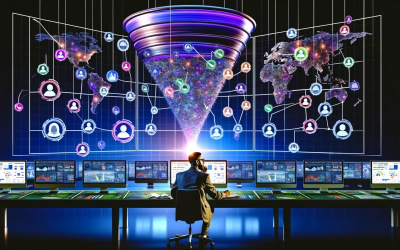 Digitalmarketer an einem futuristischen Kontrollpult mit Social Media Icons, Datenströmen und Zielgruppen-Funnel.