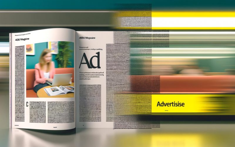 Magazin-Doppelseite mit junger Frau am Laptop im Café links und einem scheinbar journalistischen Artikel mit kaum sichtbarem Anzeige-Label rechts, im Hintergrund verblassende Werbebanner