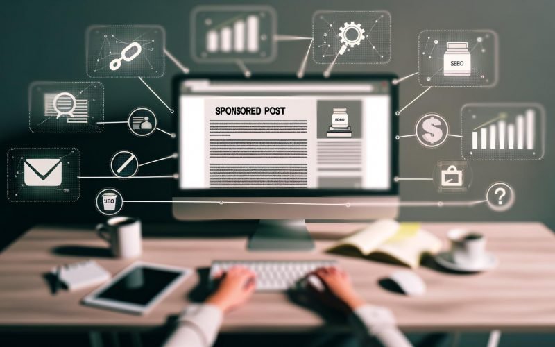 Moderner Arbeitsplatz mit Computerbildschirm, der einen Sponsored-Post-Artikel anzeigt, umgeben von Kaffee, Notizblöcken, Smartphone mit Social-Media-Icons, und grafischen Overlays zu SEO, Sichtbarkeit und Backlinks – stilvoll und professionell mit skeptischer Note.