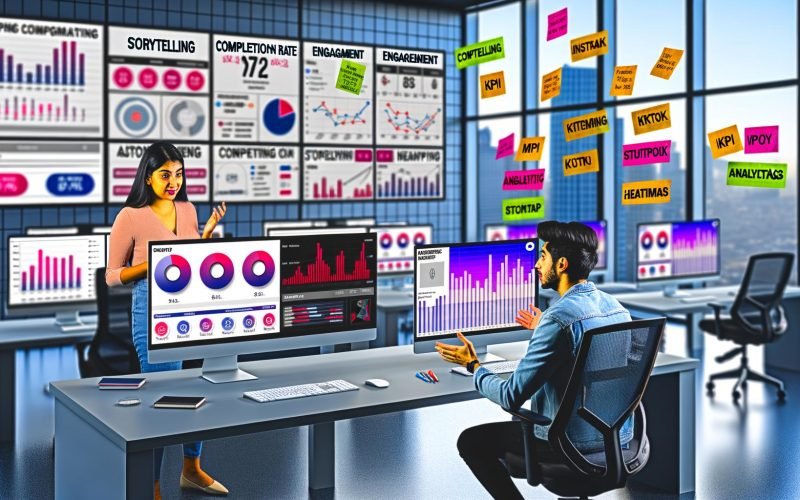 Junges Content-Marketing-Team diskutiert vor mehreren Monitoren mit Social-Media-Analyse-Dashboards und Post-Its mit Schlagwörtern in einem modernen Büro mit Großstadtblick.