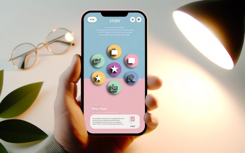 Smartphone mit geöffnetem Instagram-Profil, verschiedene bunte Story Highlights mit minimalistischen Icons auf pastellfarbenen Hintergründen, gehalten in einer Hand in modernem Workspace.