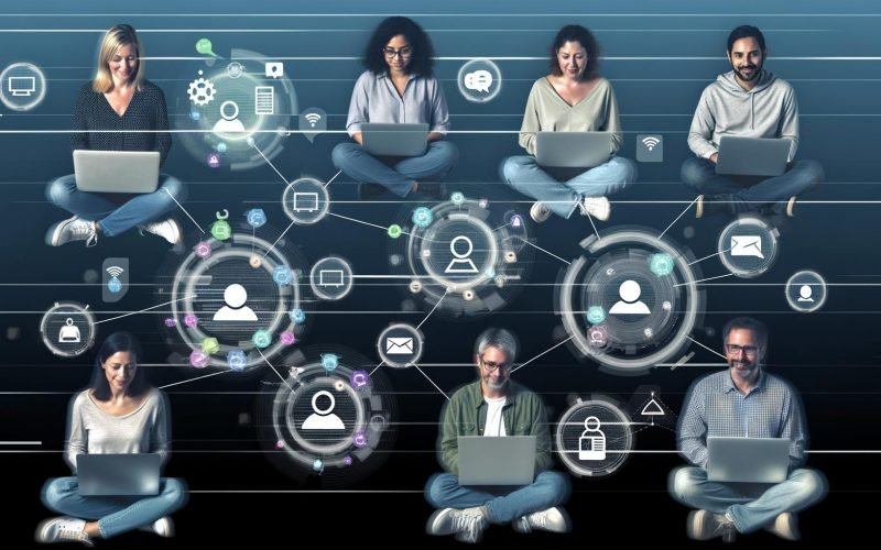 Dezentrales digitales Team an unterschiedlichen Standorten, verbunden durch abstrakte Linien und digitale Tool-Symbole wie Slack, Trello, Zoom und Google Drive mit eingeblendeten Kanban-Boards, Chats und Task-Listen.