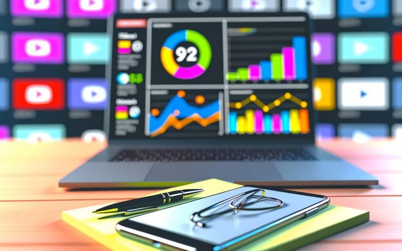 Nahaufnahme eines Laptops mit offenem TikTok-Analytics-Dashboard, flankiert von Notizzetteln, Smartphone mit TikTok-App und Kugelschreiber. Im Hintergrund unscharfe TikTok-Video-Thumbnails.