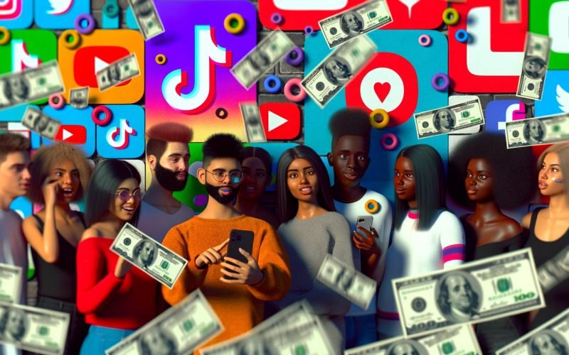 Junge, vielfältige Content-Creators mit Smartphones vor Social-Media-Symbolen, umgeben von Likes und fallenden Geldscheinen zur Visualisierung der Monetarisierungsherausforderungen.