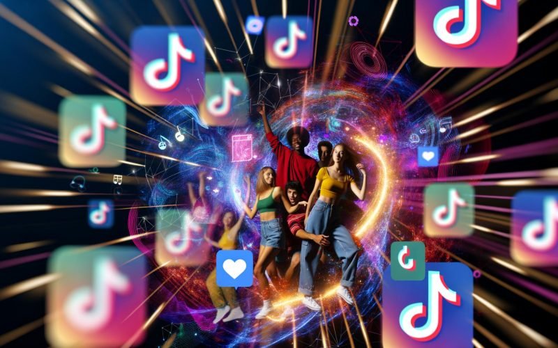 Farbenfrohe Collage junger Menschen, die zu viralen TikTok-Trends tanzen, mit schwebenden Hashtags, Musiknoten und Social-Media-Icons, umgeben von fließenden Datenströmen und einem For You Page Feed im Hintergrund.