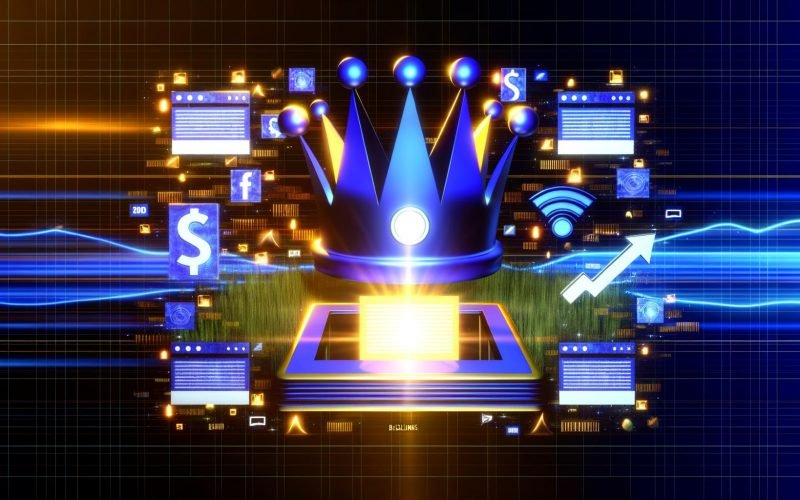 Illustration einer digitalen Krone aus Monitoren, Social-Media-Icons und leuchtenden Elementen mit einem leuchtenden Hauptartikel im Vordergrund und Grafiklinien für Wachstum und Erfolg.