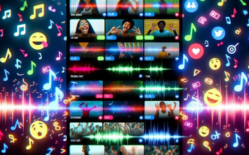 Lebendiges Social-Media-Interface im Hochformat mit kurzen Nutzer-Videos, Soundwellen, Musiknoten und Emojis, inspiriert von TikTok und Instagram.