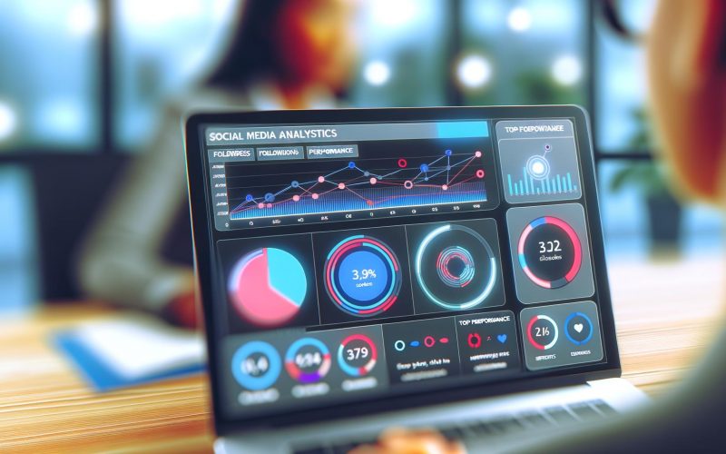 Modernes, professionelles Twitter/X Analytics Dashboard mit farbigen Diagrammen, Statistiken und Social-Media-Manager am Laptop im unscharfen Hintergrund.
