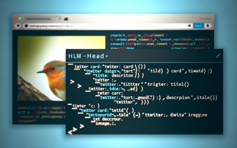 Moderne Web-Illustration im HTML-Code-Stil mit sichtbaren Twitter Card Meta-Tags und einer X-Post-Vorschau, die eine Card-Darstellung mit Bild, Titel und Beschreibung zeigt.