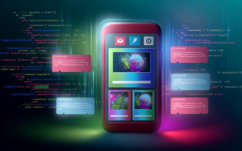 Illustration eines Smartphones mit Twitter-Feed, der verschiedene Twitter Cards zeigt: kleine und große Bilder, App Card mit Download und Player Card mit Video. HTML-Code und Meta-Tags schweben im Hintergrund.