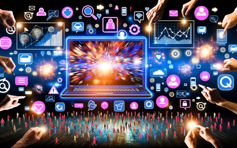 Collage mit zentralem Laptop, menschlichen Händen auf digitalen Geräten, umgeben von Icons für Klicken, Scrollen, Kommentieren und Einkaufen. Links ein belebter Laden, rechts ein leerer Onlinestore, symbolisiert aktives und passives Nutzerverhalten.