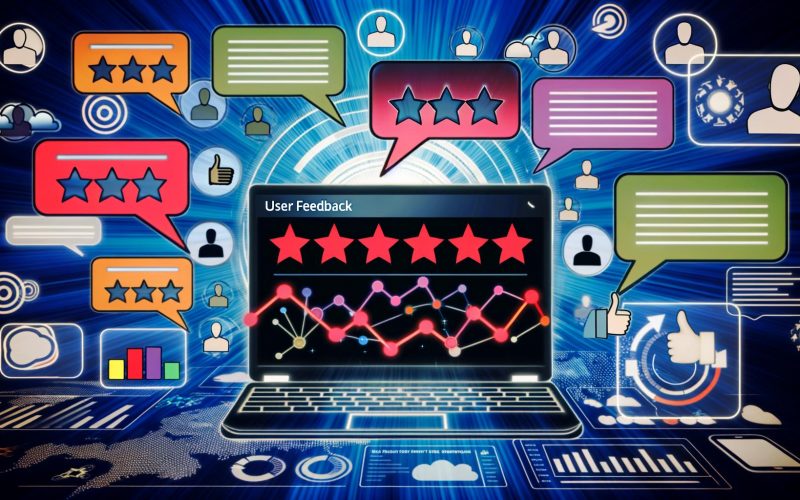 Digitale Collage mit Laptop-Display, Chatblasen, Bewertungssternen, Support-Ticket, Feedback-Widget, Social Media Icons, analytischen Dashboards und Heatmaps zur Darstellung von Nutzerfeedback.