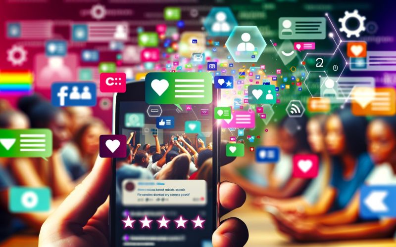 Smartphone-Display mit bunt gemischtem User-Generated Content und Symbolen von YouTube, Instagram, Reddit und Wikipedia im Hintergrund, Menschen verschiedener Herkunft arbeiten digital gemeinsam.