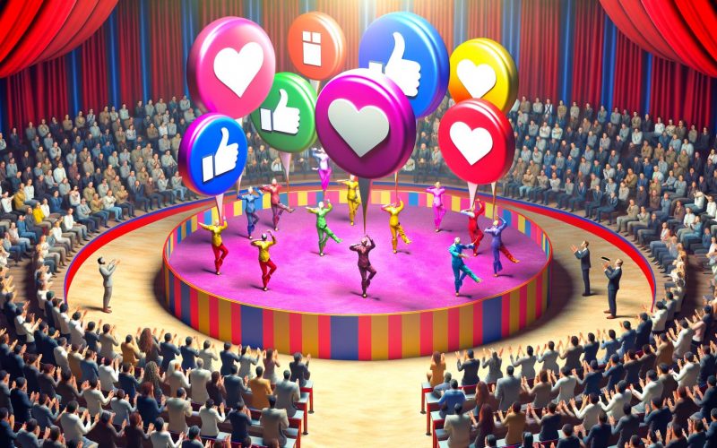 Modern gestalteter Zirkus mit Social-Media-Symbolen als Artisten und skeptischen Geschäftsmenschen im Hintergrund