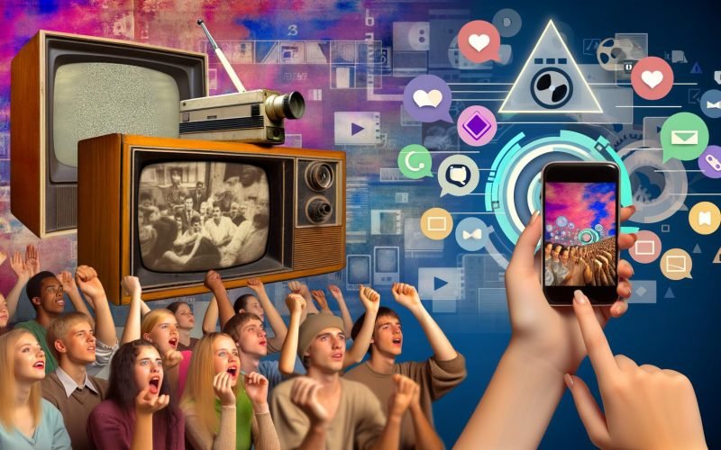 Collage zur Entwicklung von Videoformaten mit Vintage-TV, Camcorder, vertikalem Smartphone-Video, Social-Media-Symbolen und jungen Menschen, die digitale Inhalte nutzen