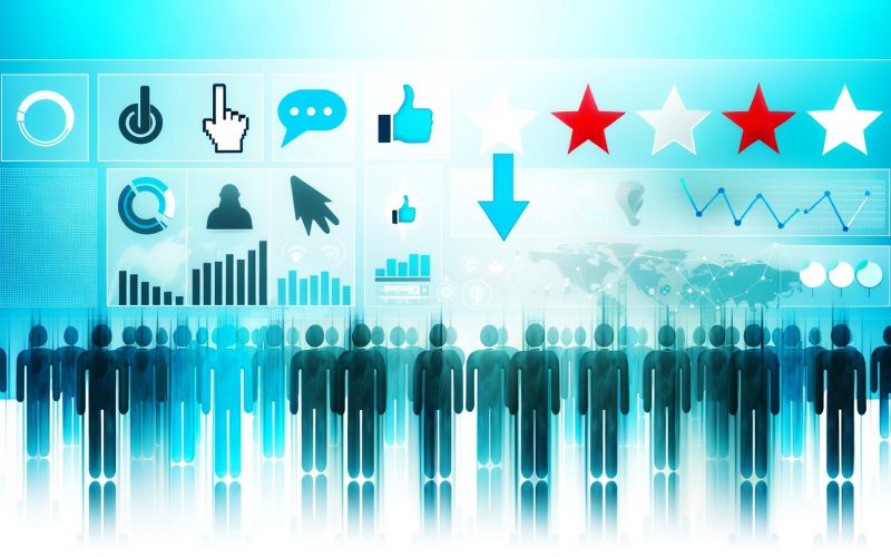 Illustration von abstrahierten Menschen, die mit Sprechblasen, Bewertungssternen, Daumen und digitalen Icons vor einem unscharfen Dashboard mit Graphen und Bewertungsskalen interagieren.