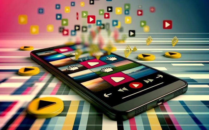 Großaufnahme eines modernen Smartphones mit laufenden Vertical Videos, TikTok, Instagram Reels und YouTube Shorts Logos, umgeben von Emojis, Daumen-Icons und Playbuttons vor einem verschwommenen Social-Media-Feed-Hintergrund.