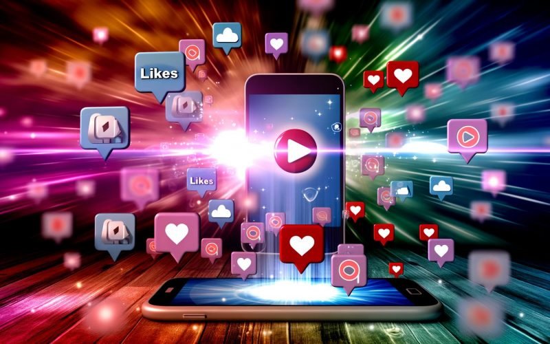 Smartphone zeigt ein Video, umgeben von schwebenden Social-Media-Icons, mit unscharfen Plattform-Logos wie YouTube, TikTok und Instagram im Hintergrund.