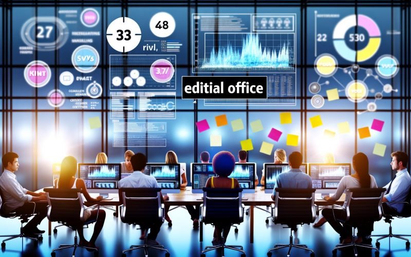 Konzentrierte Datenanalysten und Social-Media-Manager arbeiten in einem modernen Redaktionsbüro mit großen Monitoren, die Video-Dashboards und Heatmaps anzeigen. Zwischen ihnen leuchten Icons von YouTube, TikTok und Instagram.