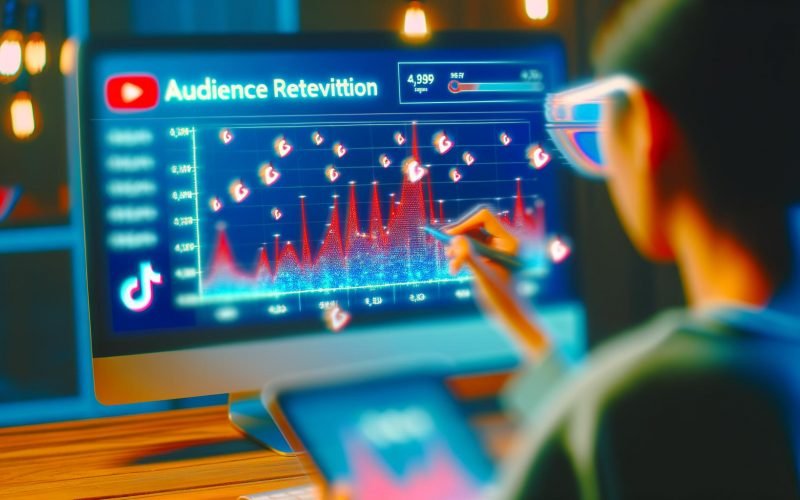 YouTube-Analytics-Dashboard auf Monitor mit Audience-Retention-Graph, sichtbaren Drop-Offs und Engagement-Peaks, junger Creator macht Notizen auf Tablet, Social-Media-Icons im Hintergrund.