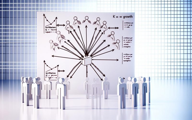 Dynamische Infografik mit Netzwerk aus verknüpften Nutzer-Icons, Pfeilen für exponentielles Wachstum, Formel und kurzen Erklärtexten zum Viralitätskoeffizienten im digitalen Marketing.