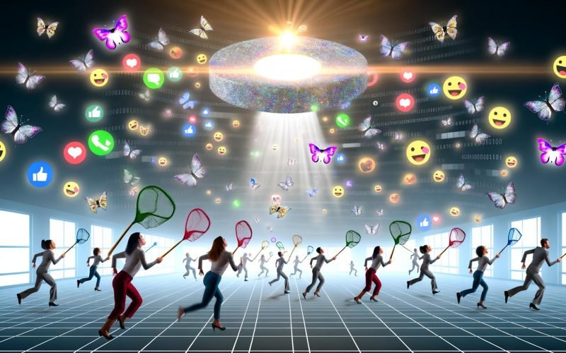 Digitale Großraumbüro-Szene, in der Marketer mit Netzen nach schwebenden Einhörnern aus Memes, Content-Fragmenten und Emojis jagen, überragt von einem funkelnden Share-Button mit blinkenden Social-Media-Symbolen im Hintergrund.