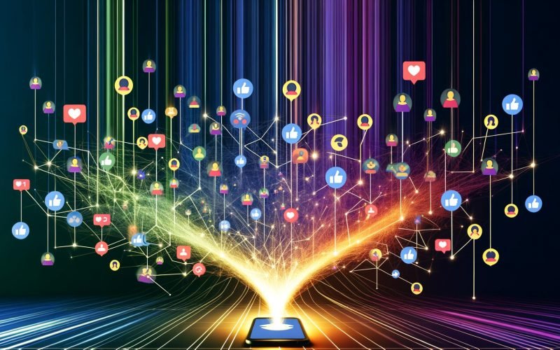 Farbenfrohe, explodierende Reichweiten-Kurve aus Smartphone vernetzt viele Avatare mit Hashtags, Emojis und Social-Media-Logos auf dunklem Hintergrund.