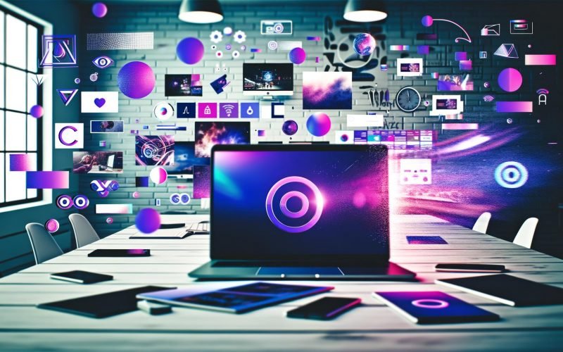Moderne digitale Arbeitsumgebung mit abstraktem Logo auf Laptop, markanten Farben, UI-Elementen, Icons, Fotos und verschwimmenden Endgeräten im Hintergrund.