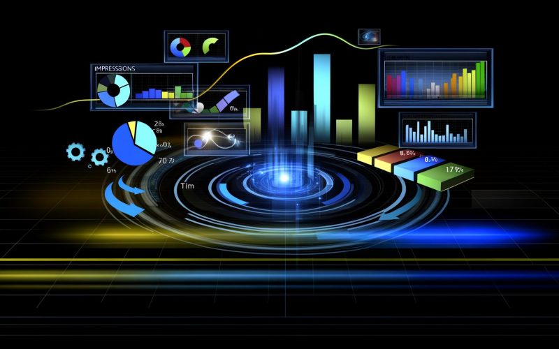 Modernes, dunkles YouTube Dashboard mit bunten Diagrammen und digitalen Datenströmen im Hintergrund.