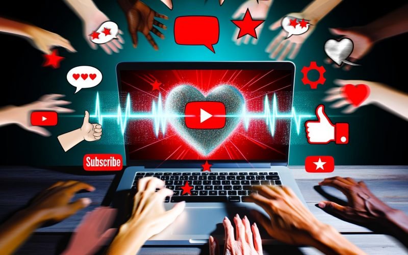 Titelbild mit YouTube-Startbildschirm, Herz- und Interaktionssymbolen, pulsierendem roten Herz und diversen Nutzerhänden im modernen, tech-inspirierten Stil.