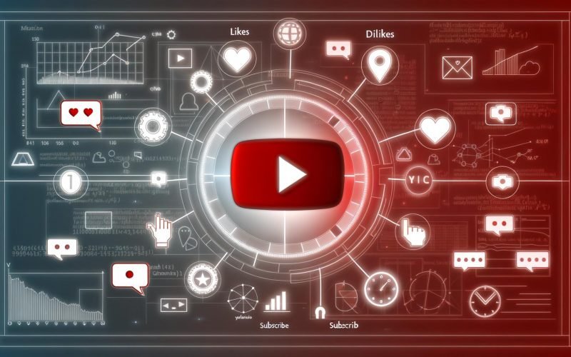 Dynamisches Flat-Design-Konzeptbild mit YouTube-Player, Interaktionssymbolen (Like, Dislike, Kommentar, Teilen, Abo, Uhr, Info-Karten) und angedeuteten Analysediagrammen auf digitalem Hintergrund.