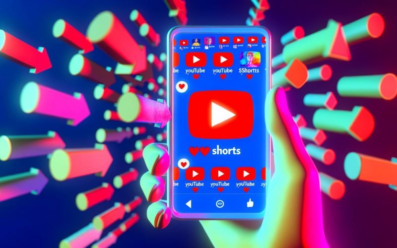 Modernes Smartphone im 9:16-Hochformat mit YouTube Shorts-Bereich, gestapelten Kurzvideos, Play-Button, Like- und Kommentar-Icons, #shorts-Hashtag. Verschwommene TikTok- und Instagram-Elemente im Hintergrund und abstrahierte User beim Swipen.