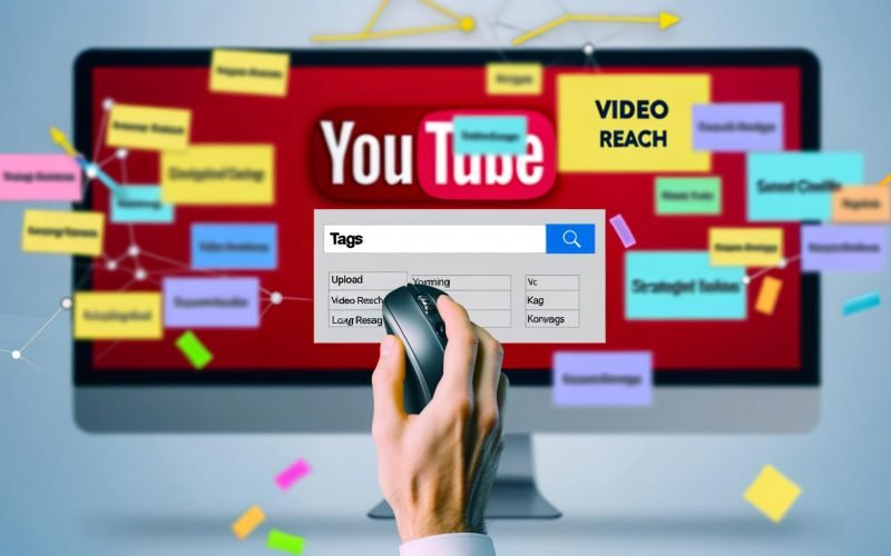 Modernes YouTube-Studio-Desktop-Interface mit Upload-Fenster, Tag-Eingabe, bunten Keywords, strategischen Notizen und leicht verschwommenem YouTube-Logo sowie Wachstumdiagrammen.