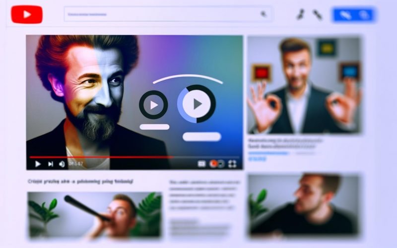 Zentral platziertes, auffälliges YouTube-Video-Interface mit farbigem, ausdrucksstarkem Thumbnail und Icon-Elementen für SEO, Klickrate und Nutzerbindung. Im Hintergrund blasser Konkurrenz-Feed.
