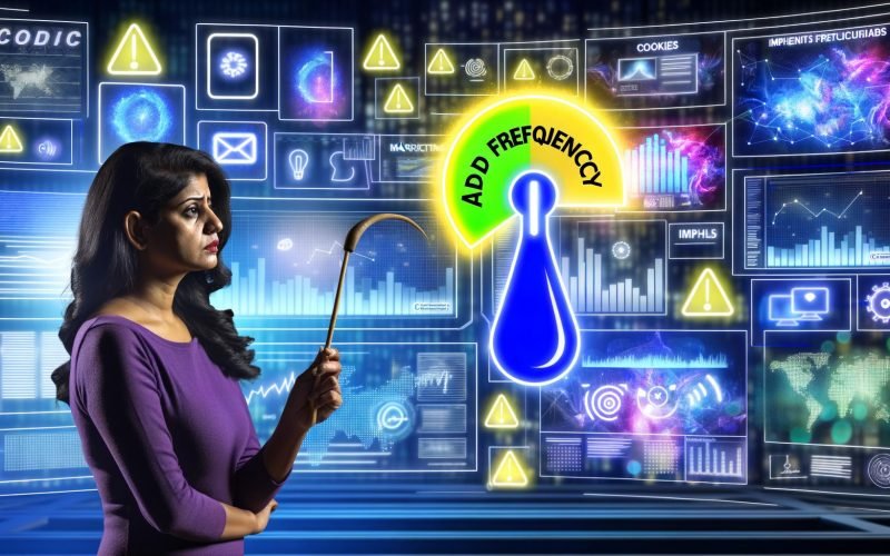 Digitaler Arbeitsplatz mit mehreren Bildschirmen voller Online-Anzeigen, Diagrammen und ein Marketer, der eine leuchtende Ad Frequency-Anzeige vor Datenvisualisierung betrachtet. Umgeben von Symbolen für Cookies, Frequenz-Caps und Warnungen vor Werbemüdigkeit.