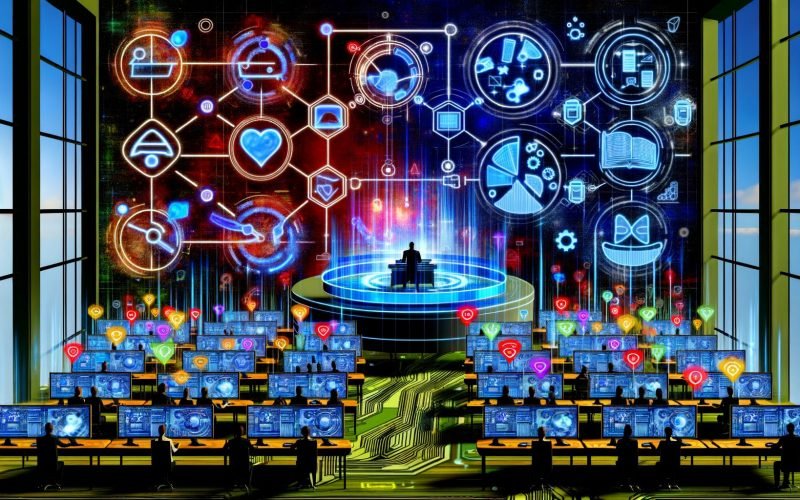 Illustration eines Marketers an einem modernen Schreibtisch mit zahlreichen Bildschirmen und Dashboards, der Ad-Platzierungen verwaltet und mit digitalen Schutzwänden eine sichere Marketingumgebung schafft.